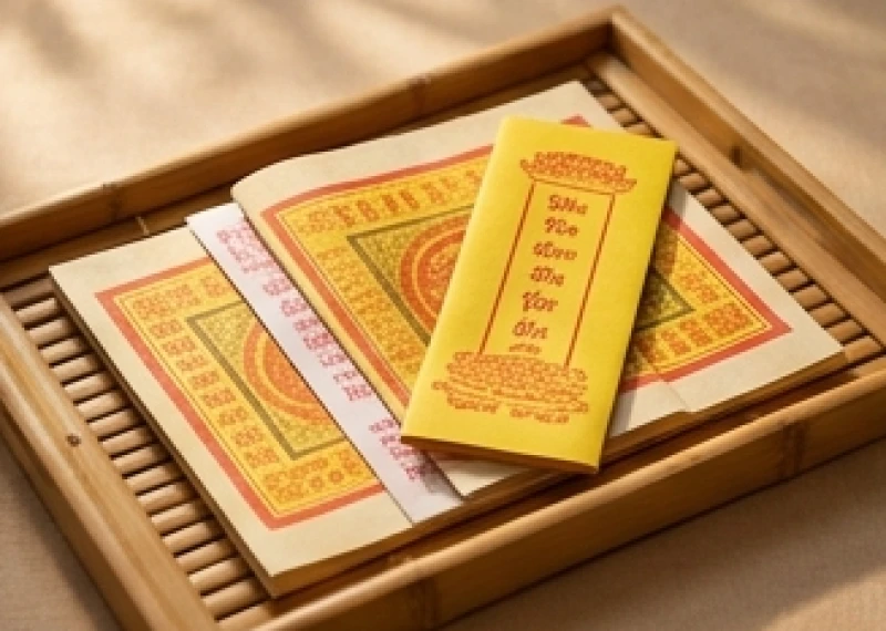 Bài vị màu vàng và giấy tiền vàng mã được chuẩn bị chỉn chu trên mâm lễ