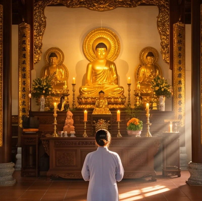 Không gian thanh tịnh bên trong Điện Phật nơi du khách thành tâm chắp tay lễ bái Đức Trung Tôn
