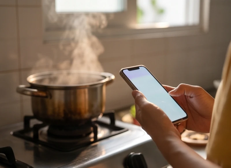 Người nội trợ mải mê xem điện thoại khiến chiếc nồi trên bếp đun quá lửa bốc khói đen