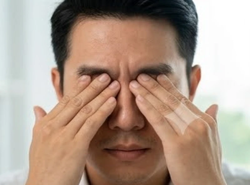 Người đàn ông đang dùng hai ngón tay cái ấn nhẹ vào huyệt đạo đầu lông mày để làm dịu cơn căng cơ vùng mí mắt