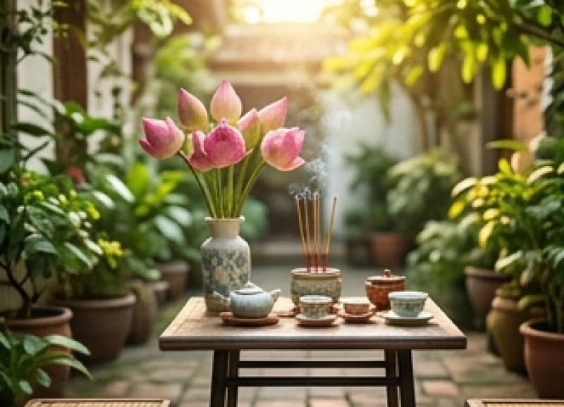 Bàn cúng nhỏ dâng lễ vật tươi sáng lên 12 bà Mụ Tiên Nương ngoài trời
