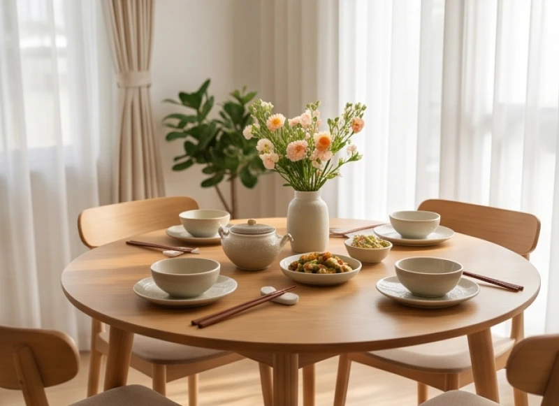Bàn ăn hình tròn bằng gỗ được đặt ở không gian trung tâm sáng sủa giúp gắn kết các thành viên
