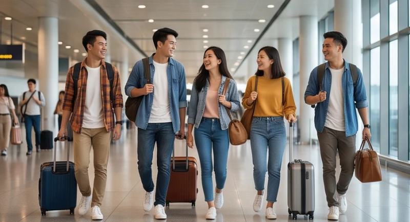 Mơ thấy đi nước ngoài làm việc: Điềm báo sự nghiệp & bộ số 7 Nhóm bạn trẻ cùng khoác vai nhau kéo vali qua cổng an ninh thể hiện sự đồng hành vượt khó
