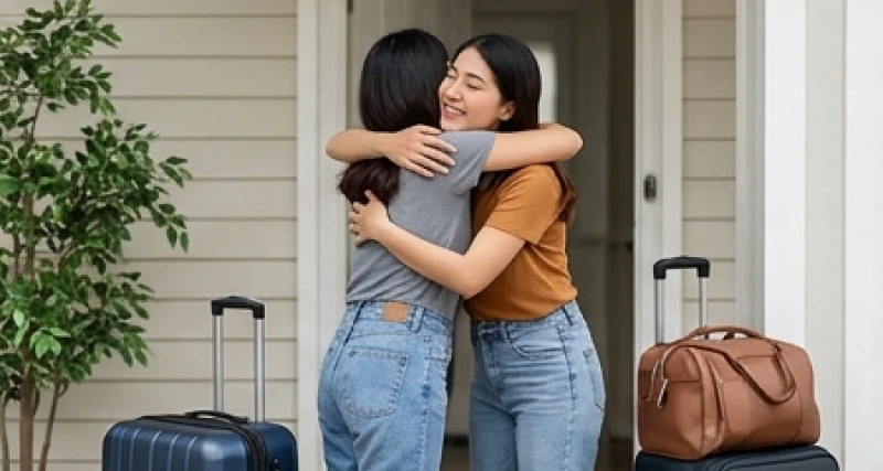 Mơ thấy chuyển nhà điềm báo gì: Giải mã bối cảnh & mẹo hóa giải 5 Hai người bạn đang trao nhau cái ôm tạm biệt bên cạnh những chiếc vali hành lý chuẩn bị rời đi