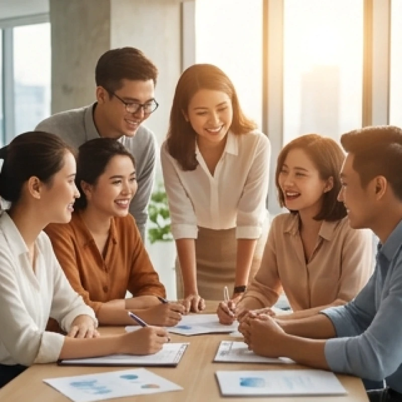 Nhóm đồng nghiệp đang vui vẻ thảo luận và thống nhất ý tưởng dự án mới tại văn phòng