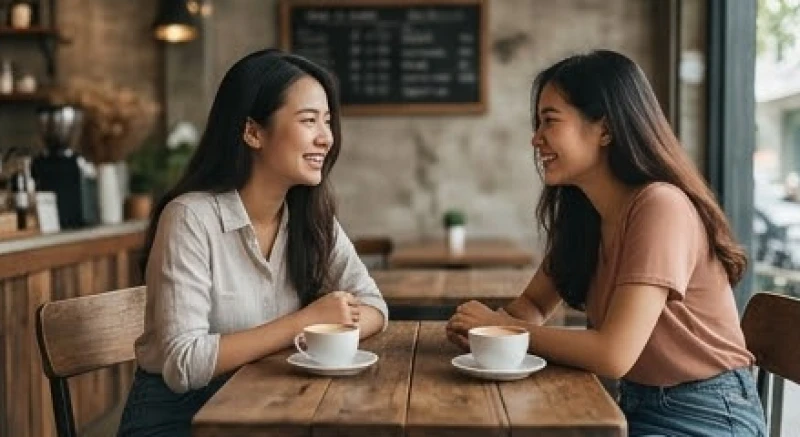 Hai người phụ nữ ngồi trò chuyện thân thiết và chia sẻ tin vui tại một quán cà phê yên tĩnh