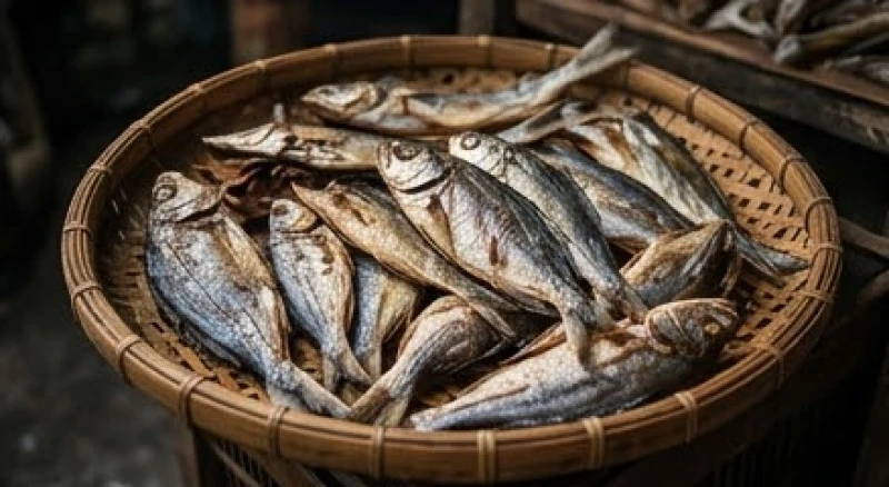 Mẹt cá khô và cá ươn đang được người bán hàng thanh lý dọn dẹp tại một góc chợ