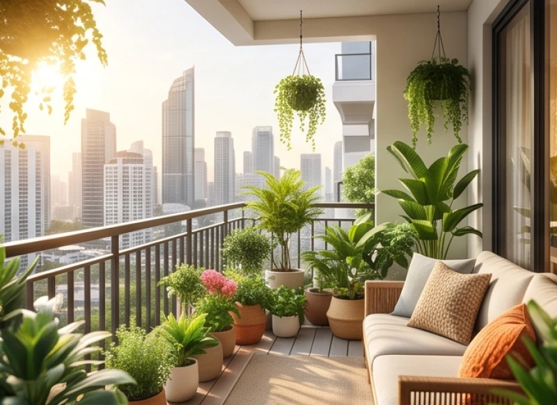 Ban công chung cư ngập tràn ánh nắng và cây xanh giúp nạp luồng khí trong lành cho căn hộ