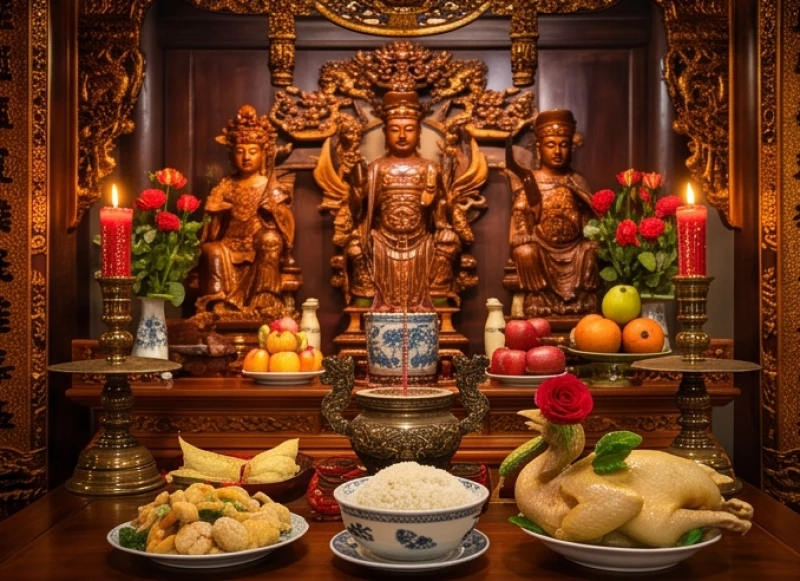 Ban Công Đồng uy nghi tại đền phủ được bày biện hương hoa và lễ mặn