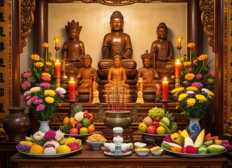 Văn khấn lễ hội Đền Bắc Lệ: Trọn bộ bài khấn và hướng dẫn đi hội 2 Mâm lễ vật chay trang nghiêm được đặt cẩn thận trước ban Tứ Phủ Công Đồng tại không gian chính điện
