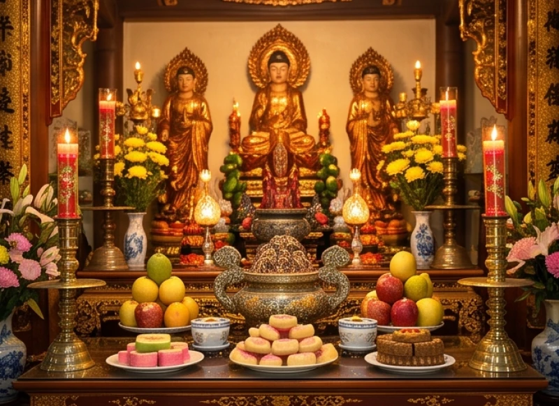 Văn khấn tại miếu: Hướng dẫn sắm lễ, bài trí và bài khấn chuẩn 8 Điện thờ ban Công Đồng lộng lẫy với ánh nến lung linh và các ban bệ được xếp tầng