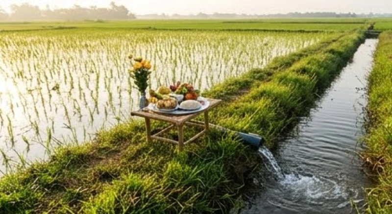 Bàn lễ cúng Thần Nông được đặt cẩn thận quay mặt về hướng mương nước dẫn vào ruộng