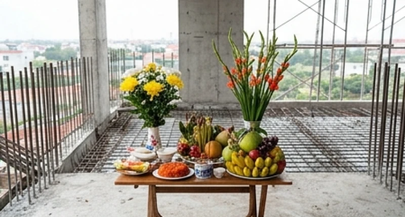Văn khấn đổ mái nhà: Bài cúng chuẩn cổ truyền và nghi thức chi tiết 4 Bàn lễ cúng cất nóc được đặt ở vị trí trung tâm công trình xây dựng hướng ra ngoài với đầy đủ lễ vật