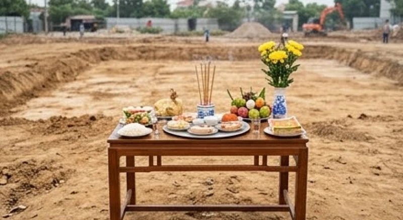 Bàn cúng xin phép đào đất được đặt ngoài trời tại trung tâm khu đất thi công để trình báo thần linh cai quản