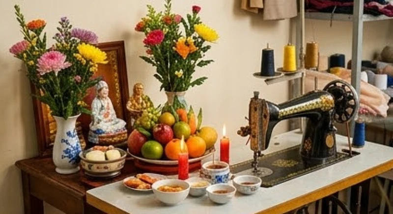 Bàn cúng giỗ tổ nghề may được đặt trang trọng gần chiếc máy khâu với hoa tươi và mâm ngũ quả tươi ngon