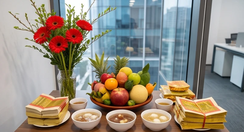 Bàn lễ phục vụ nghi thức đọc văn khấn khai trương văn phòng với hoa đồng tiền, mâm ngũ quả và vàng mã