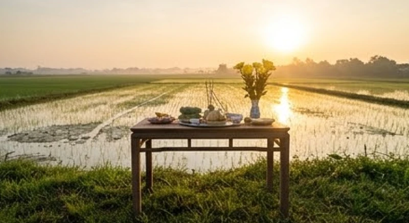 Văn khấn xuống đồng đầu năm: bài khấn Thần Nông & sắm lễ 2 Vị trí đặt mâm lễ cúng hạ điền ngay tại đầu bờ ruộng hướng ra cánh đồng lúa mênh mông vào buổi sáng.