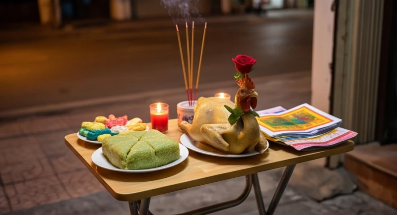 Văn khấn giao thừa tại cửa hàng: Bài cúng chuẩn & sơ đồ đặt mâm 2 Chiếc bàn nhỏ bày biện mâm cúng giao thừa ngoài trời đặt trước mặt tiền cửa hàng kinh doanh
