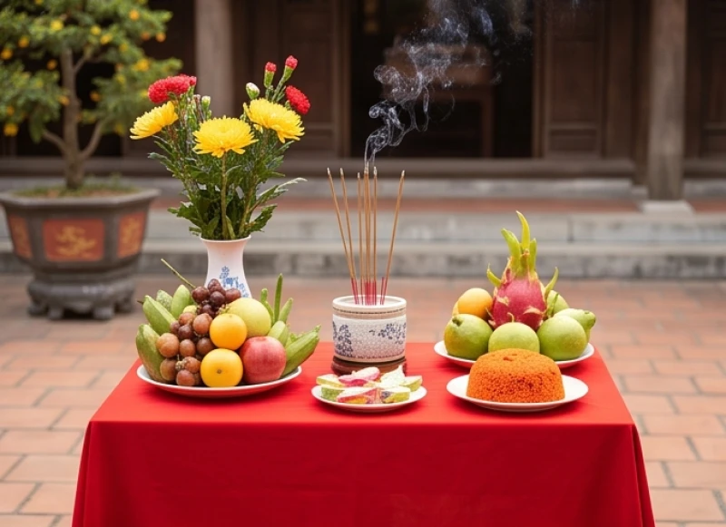 Văn khấn tạ lễ Tam Tai cuối năm: Mâm cúng, ngày giờ và bài khấn 1 Bàn hương án cúng tạ Tam Tai được bày biện gọn gàng ngoài trời với trái cây, hoa quả và lễ vật mặn thanh sạch