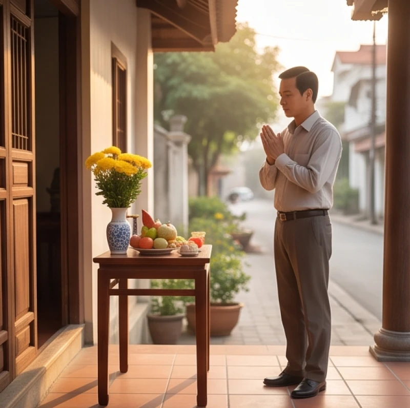 Văn khấn ngoài trời ngày rằm: Bài cúng chuẩn, vị trí và hướng lạy 1 Gia chủ nam mặc trang phục chỉnh tề đang đứng chắp tay bái vọng trước mâm lễ cúng đặt ở mép hiên nhà