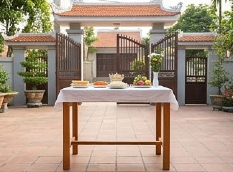 Văn khấn lễ tạ đất: mâm cúng 3 miền, bài khấn và vị trí hành lễ 3 Bàn cúng tạ đất ngoài trời được kê gọn gàng trên chiếc bàn cao sạch sẽ hướng ra cổng chính