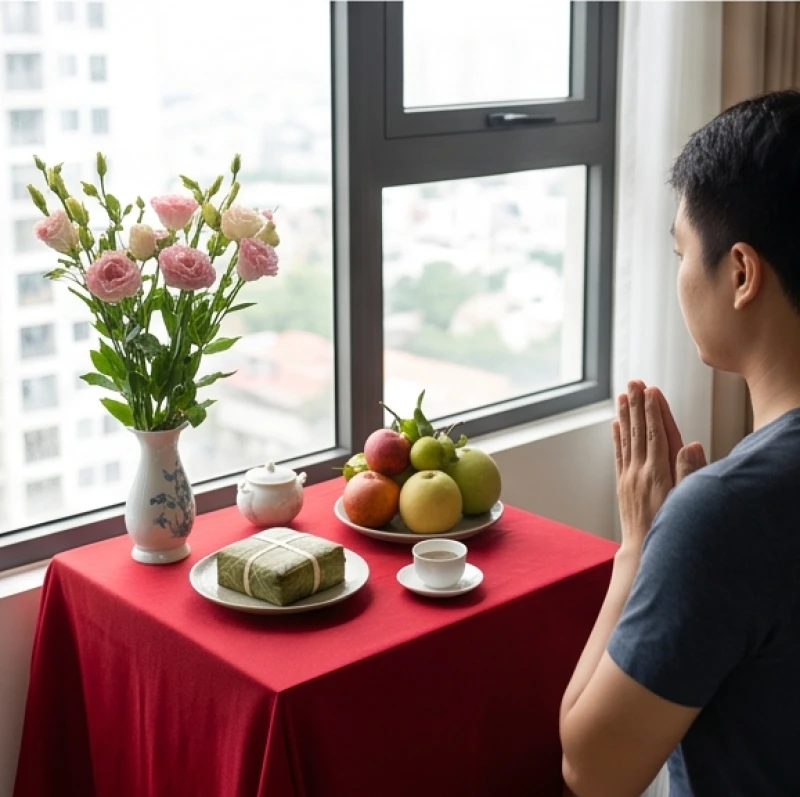 Văn khấn Giỗ Tổ Hùng Vương tại nhà: Bài cúng và cách sắm lễ chuẩn 10 Một chiếc bàn nhỏ gọn gàng được lập tạm thời gần cửa sổ để làm nơi dâng hương cúng Giỗ Tổ