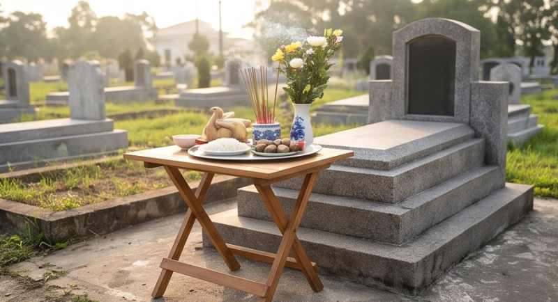 Văn khấn tạ long mạch ngoài mộ: Bài cúng chuẩn và lưu ý kiêng kỵ 4 Chiếc bàn cúng nhỏ đặt phía trước bên trái ngôi mộ để dâng lễ vật lên các vị Thần linh bản xứ