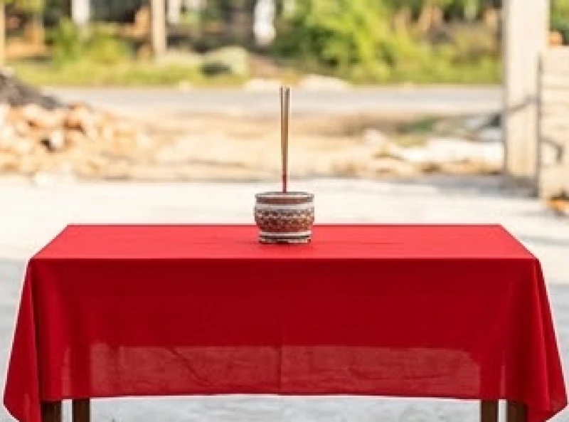 Bàn cúng tổ nghề xây dựng được trải khăn đỏ trang nghiêm với lư hương đặt ở giữa để chuẩn bị bày biện lễ vật