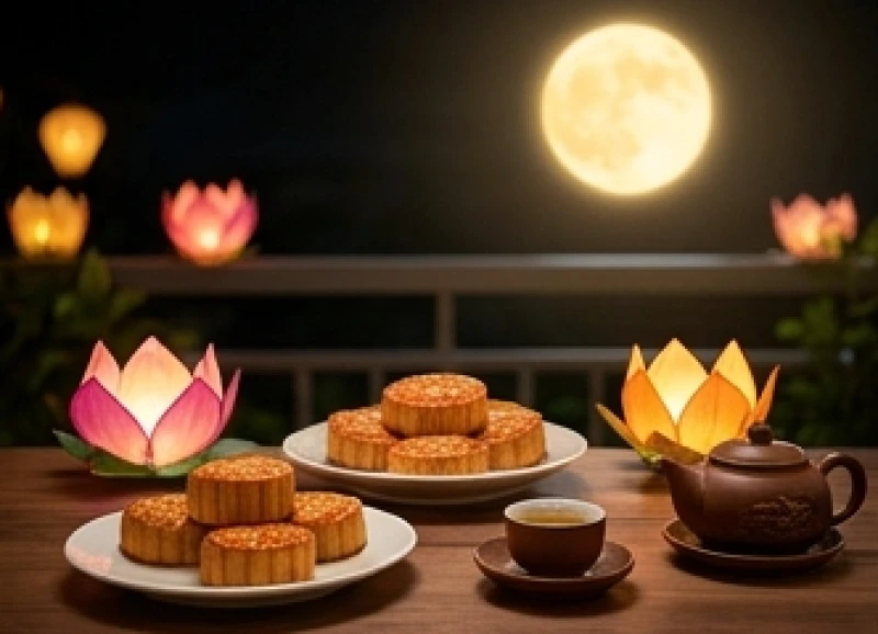 Bàn cúng trăng rằm tháng Tám đặt ngoài trời với bánh trung thu và hoa đăng