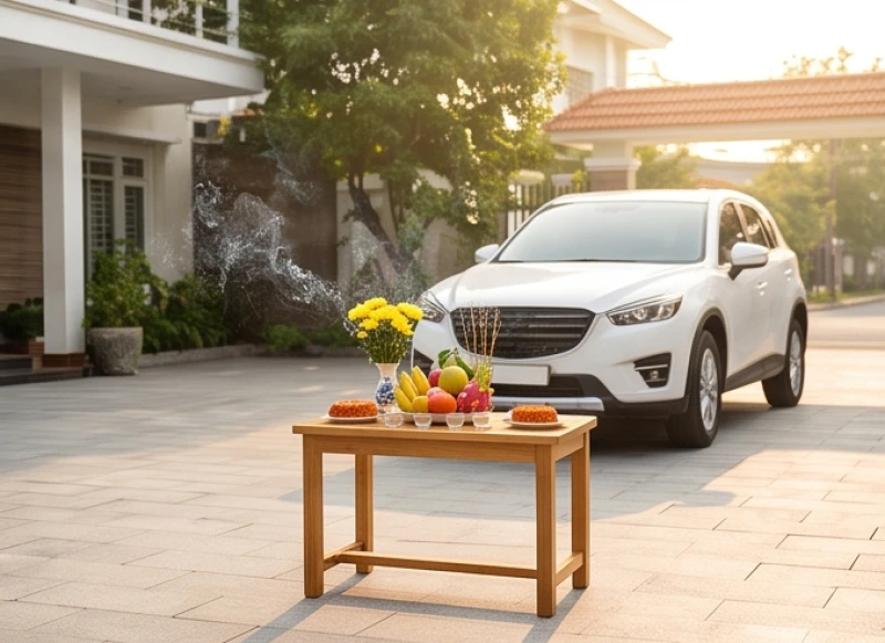 Bàn lễ cúng đặt cách đầu mũi ô tô khoảng một mét rưỡi ngoài sân với khói nhang tỏa nhẹ