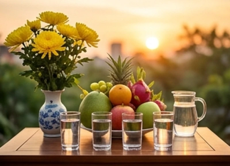 Bàn lễ cúng vọng Bà Chúa Xứ đơn giản tại nhà với trái cây hoa tươi và bốn ly nước suối sạch