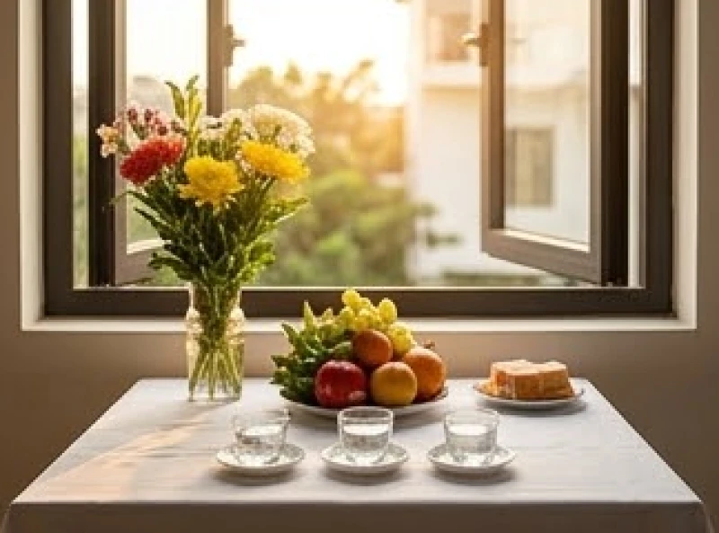 Bàn thờ vọng giản dị hướng về phía Tây Nam với hoa tươi, trái cây và ba ly nước sạch được bày trí tươm tất