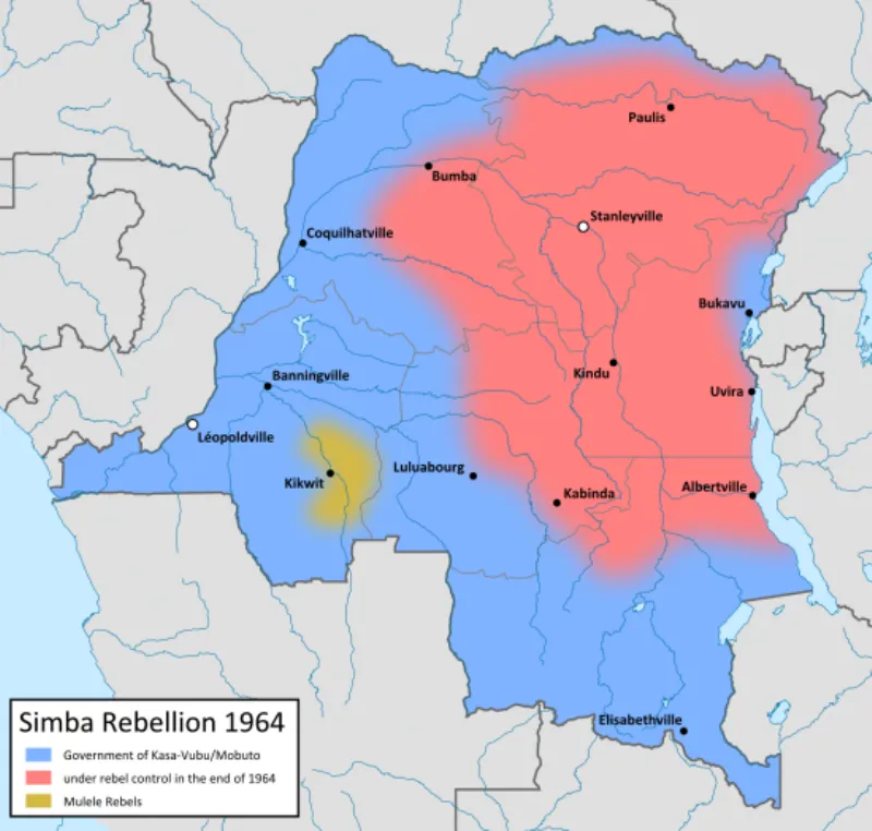 Bản đồ cho thấy sự lan rộng của lực lượng nổi dậy Simba vào năm 1964