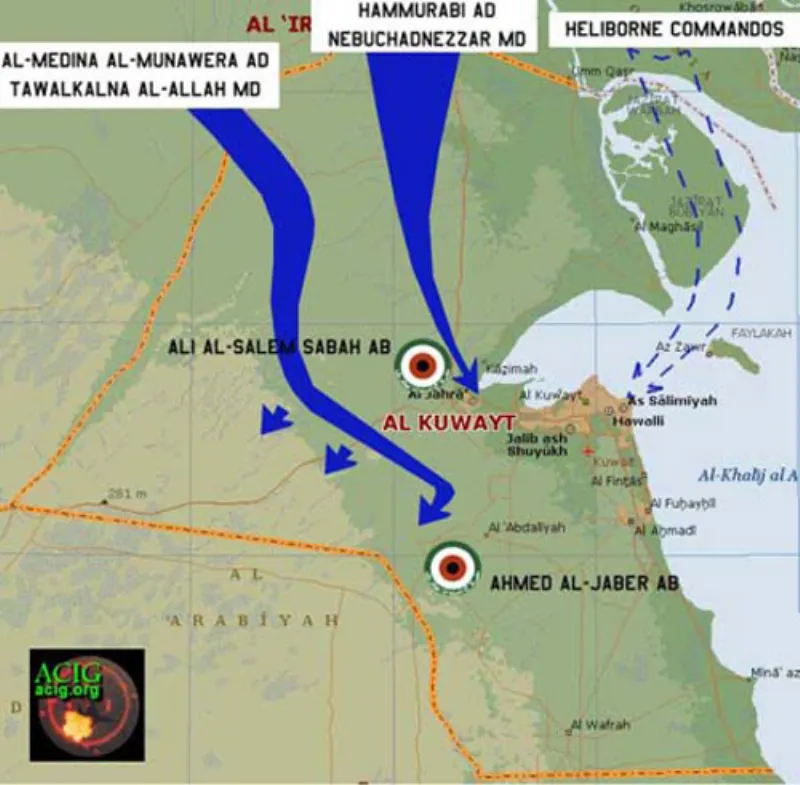 Bản đồ Kuwait và các mũi tiến công xâm lược của Iraq.