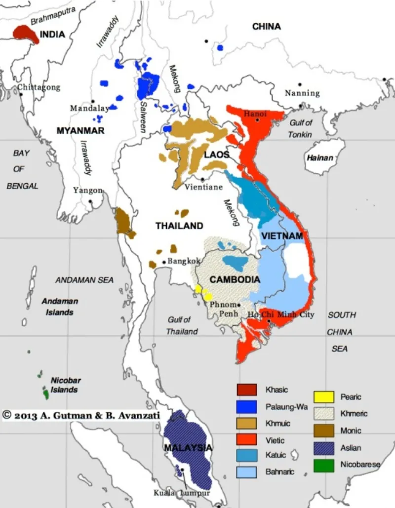 Bản đồ phân bố các ngôn ngữ thuộc ngữ hệ Nam Á