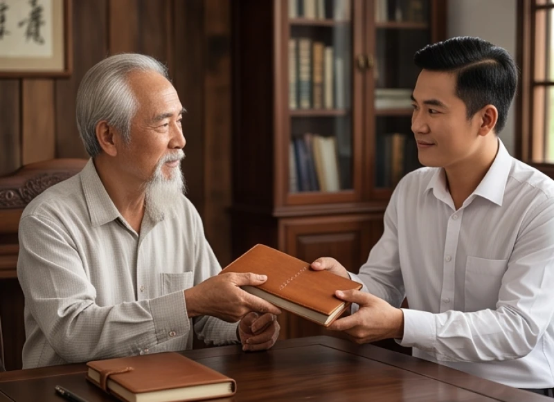 Tử vi trọn đời tuổi Giáp Ngọ 1954 nam mạng: Luận giải hậu vận 8 Người đàn ông lớn tuổi trao lại cuốn sổ tài liệu cho người con trai trưởng thành