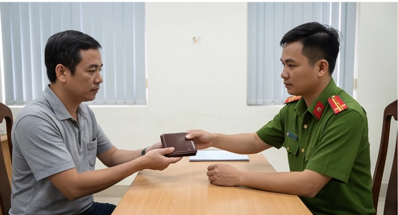 Người dân đang bàn giao chiếc ví nhặt được cho cán bộ công an mặc sắc phục tại trụ sở phường