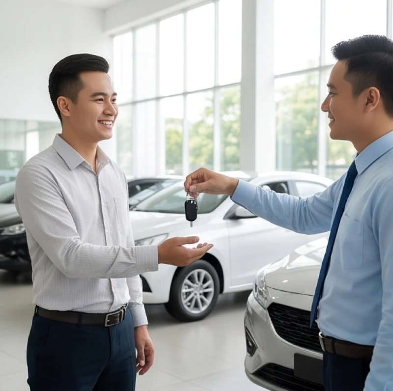 Khách hàng tuổi Tý vui vẻ nhận bàn giao chiếc ô tô mới tại đại lý vào một ngày hoàng đạo tương sinh