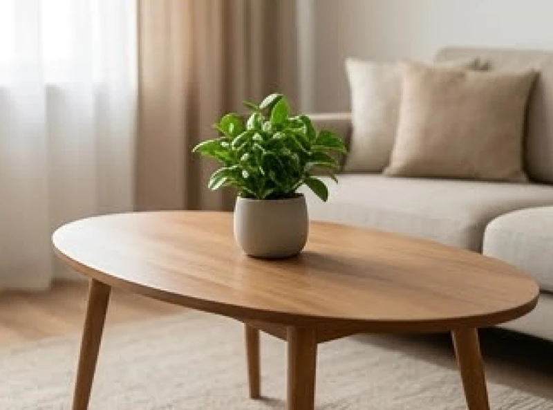 Chậu cây nhỏ xinh xắn đặt trên bàn trà gỗ ở góc phòng khách mang lại năng lượng bình yên