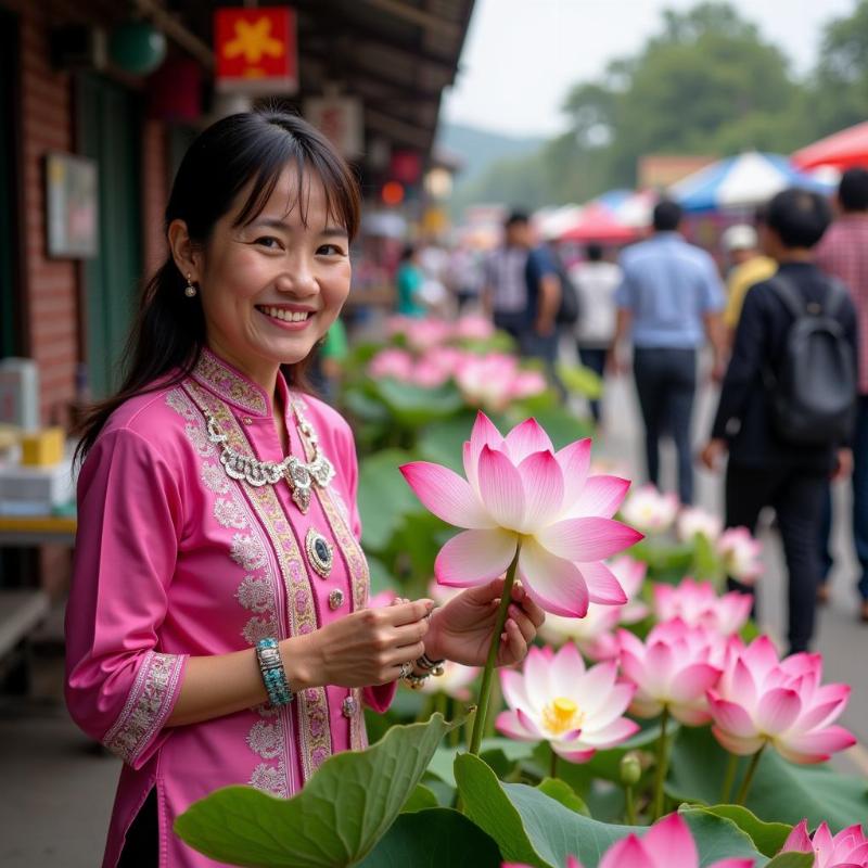 Bán hoa sen cho khách