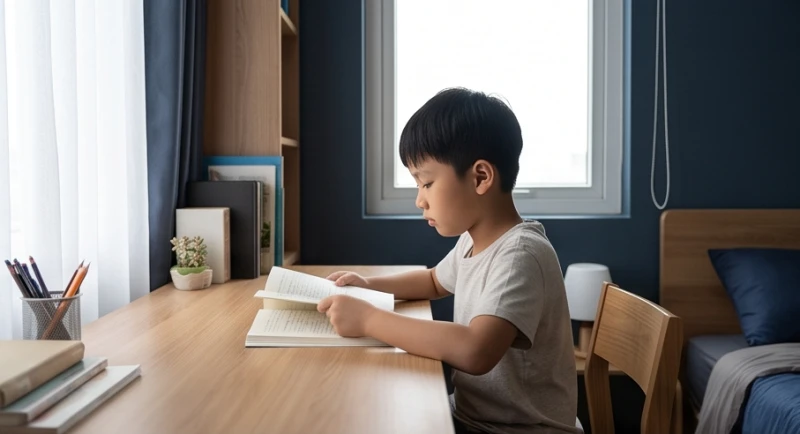 Bé trai ngồi học tập trung tại chiếc bàn gỗ hướng về phương Bắc đón năng lượng Sinh Khí