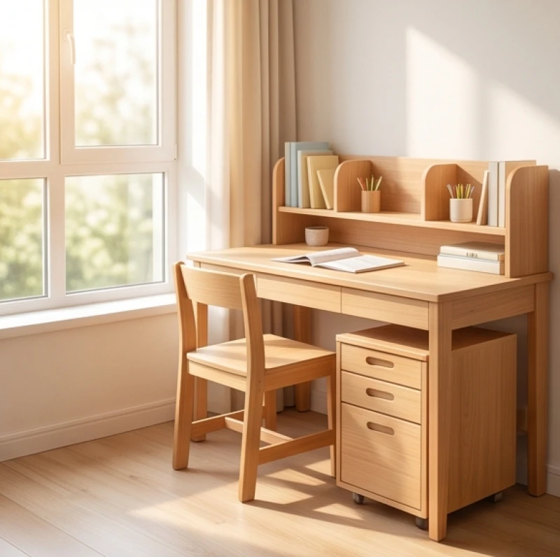 Bàn học làm từ chất liệu gỗ tự nhiên được đặt ở vị trí đón nhiều ánh sáng mặt trời