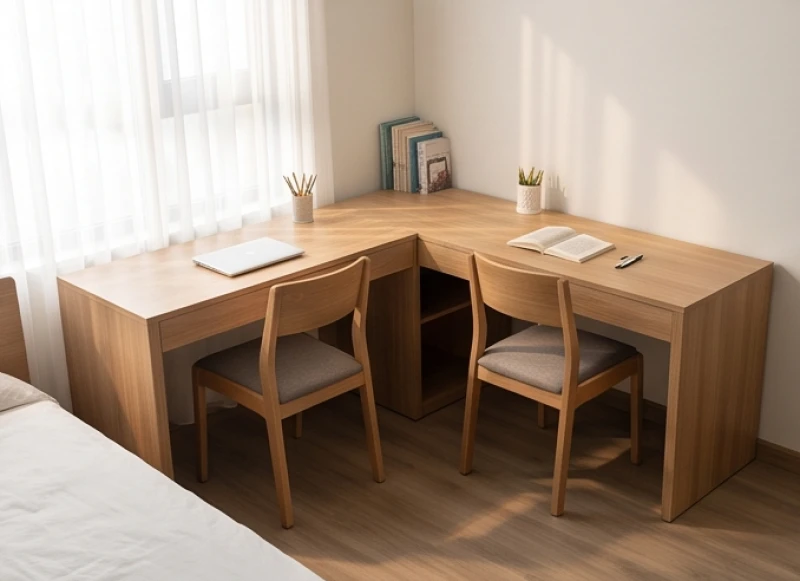 Hướng bàn học hợp tuổi Thìn: chuẩn Bát Trạch Nam Nữ & tự đo 8 Hai em bé sinh đôi ngồi học tại chiếc bàn chữ L vuông góc để mỗi người quay về một hướng
