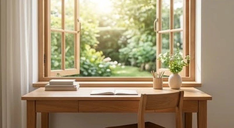 Bàn học bằng gỗ được kê sát cửa sổ hướng ra không gian xanh mát, đón ánh sáng tự nhiên
