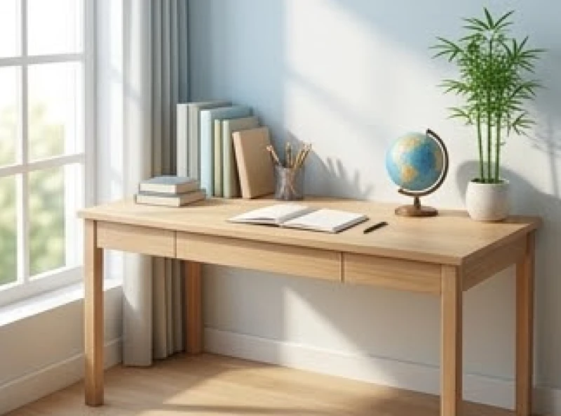 Bàn học gỗ gọn gàng dành cho bé trai được đặt nhìn về hướng Tây Bắc chuẩn phong thủy