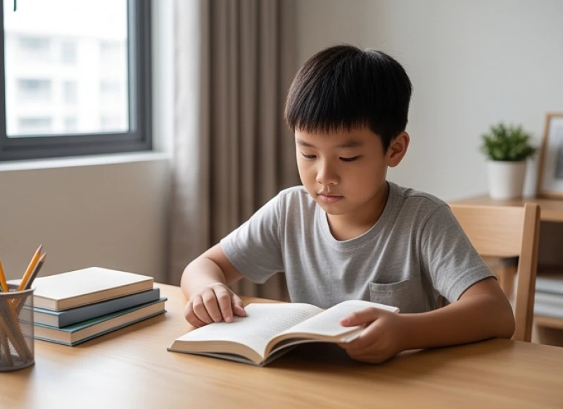 Hướng bàn học cho trẻ tuổi Canh Tý 2020: quy tắc đo và hóa giải 3 Một bé trai đang ngồi học bài cực kỳ tập trung tại góc bàn hướng Tây Bắc được sắp xếp gọn gàng và ngăn nắp.