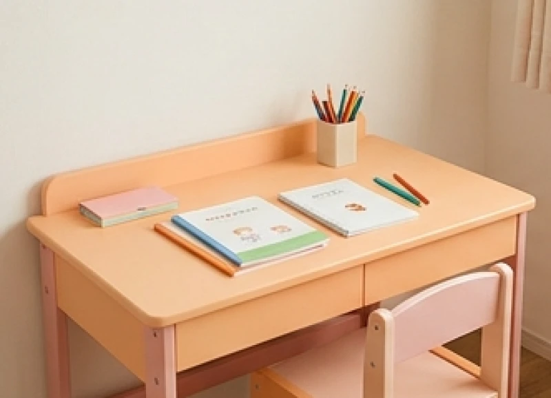 Bàn học tông màu cam pastel và hồng nhạt mang lại cảm giác an toàn và tĩnh tại cho trẻ nhỏ mang mệnh Bích Thượng Thổ