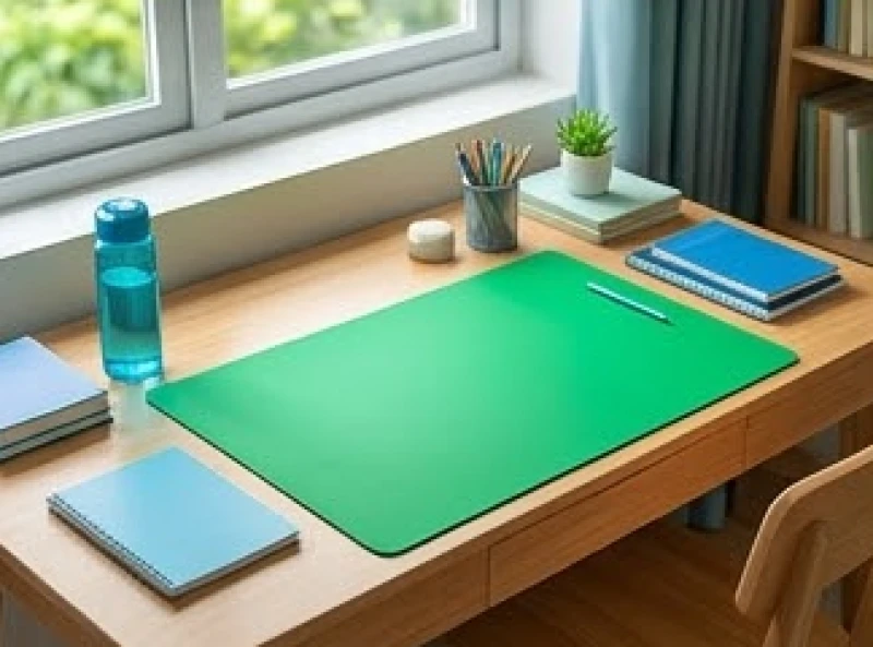 Góc học tập ngăn nắp của trẻ được trang bị thảm lót bàn màu xanh lá cây tươi mát