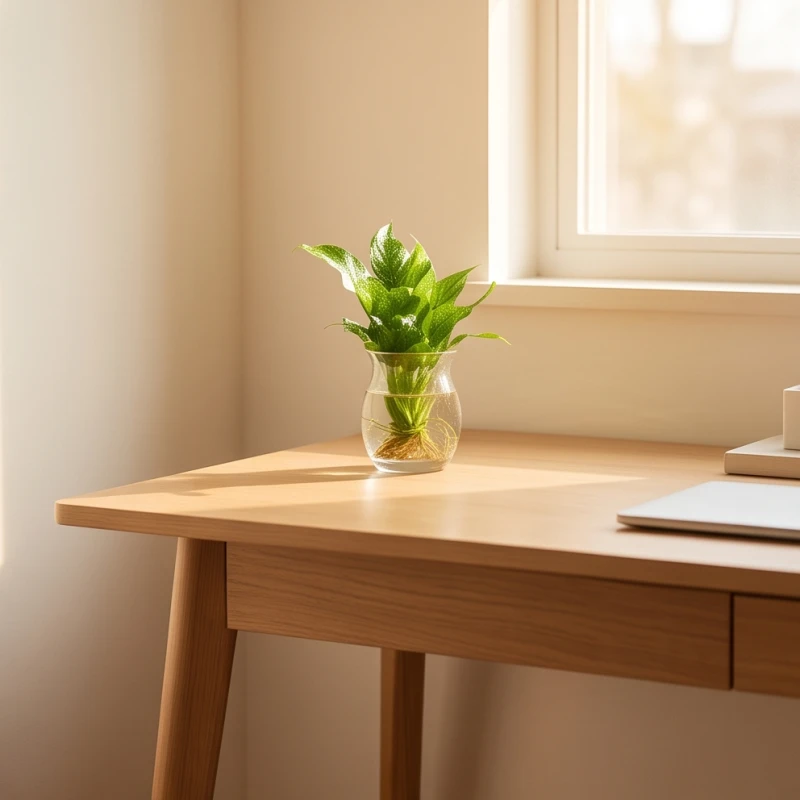 Góc học tập tối giản tràn ngập ánh sáng tự nhiên với chậu cây thủy sinh nhỏ giúp luân chuyển năng lượng tốt