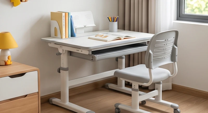 Hướng bàn học hợp tuổi Mùi: Tra cứu nam nữ và cách hóa giải 4 Góc học tập của trẻ em với bàn ghế chống gù màu xám trắng thiết kế công thái học